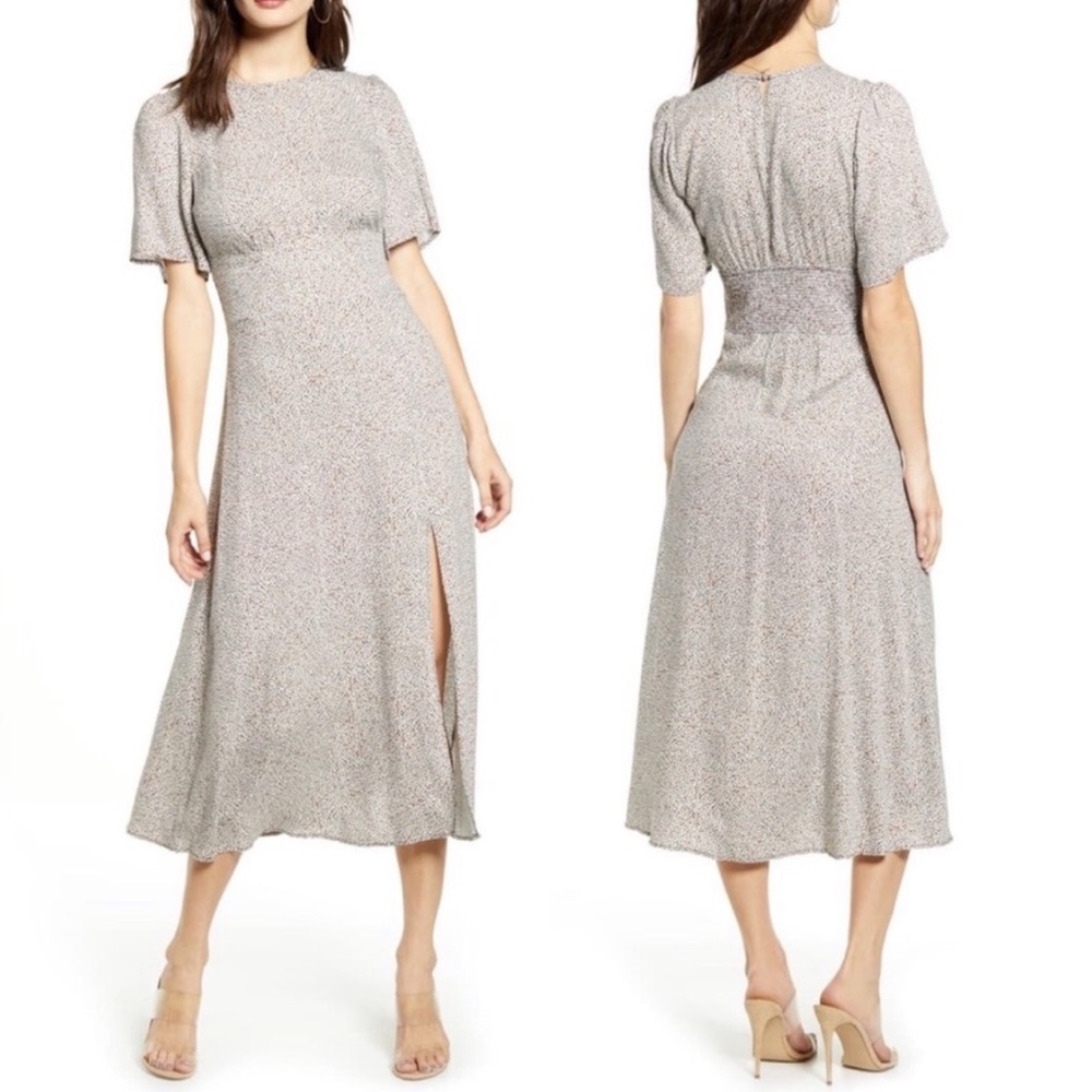 AFRM Janice Leopard short sleeve midi dress with front slit NWT
